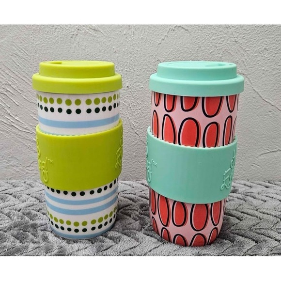 Two Coton Colors Happy Everything 16 Oz Travel Mugs w/Silicone Sleeves - Picture 2 of 6